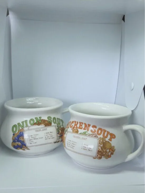Vintage Ceramic Recipe Soup Mug Set Onion & Chicken Soup Crocks Illustrated - Picture 16 of 16